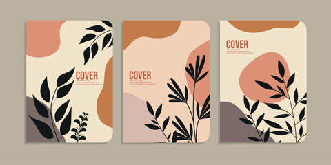 Fototapeta premium set of book cover designs with hand drawn floral decorations. abstract retro botanical background.size A4 For notebooks, diary, invitation, planners, brochures, books, catalogs