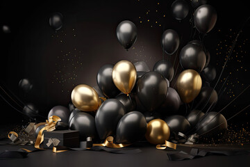 Holiday celebration background with Black Gold balloons, gifts and confetti. Happy holiday greeting card, party invite, banner, invitation or certificates with copy space., generative AI