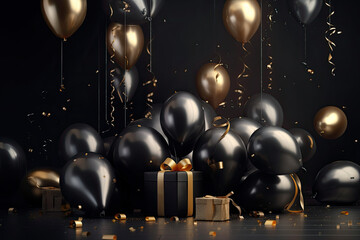 Obraz na płótnie Canvas Holiday celebration background with Black Gold balloons, gifts and confetti. Happy holiday greeting card, party invite, banner, invitation or certificates with copy space., generative AI