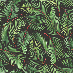 Fototapeta na wymiar Tropical seamless pattern of colorful palm leaves (red wax palm Cyrtostachys renda), watercolor illustration on dark background for textile, wallpapers or your design floral.