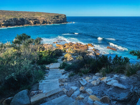 Spectacular view at Providence Point at Wattamolla on the coastline walking track in Royal National Park, located South of Sydney, NSW, Australia.