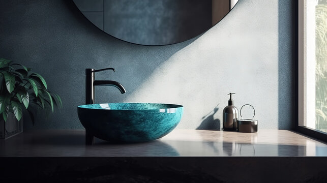 Modern and luxury bathroom vanity with blue turquoise quartz countertop with edge and black faucet in sunlight from window and leaf shadow on polished cement wall for toiletries, beauty background 3D