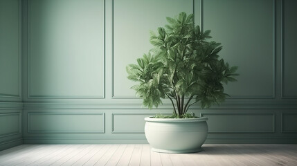 Blank sage green wall in house with green tropical tree in white modern design pot, baseboard on wooden parquet in sunlight for luxury interior design decoration, home appliance product background 3D