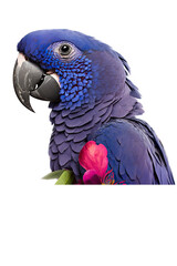 Fototapeta premium a summer-themed macro photographic illustration of a blue indigo and purple macaw parrot with pink flowers transparent background in PNG. T-shirt Design. Generative AI