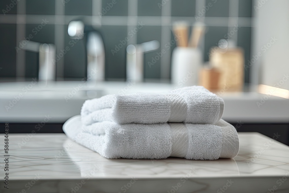 Poster white towels neatly stacked on a countertop. generative ai