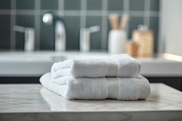 white towels neatly stacked on a countertop. Generative AI