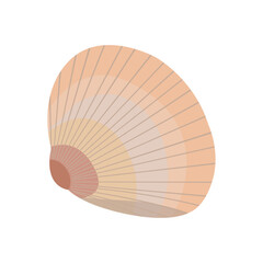Beige, brown scallop shell with stripes, close-up, isolated, on a transparent and white background. Ocean day. Vector image, illustration, graphic design. Element for design decoration.