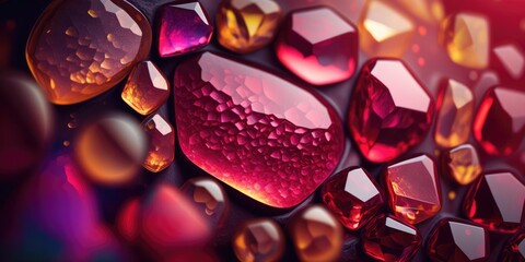 Vibrant ruby red gemstone chips and pebbles, sparkling and lustrous crystals scattered on rocky floor, shallow depth of field bokeh blur, macro closeup - generative AI.