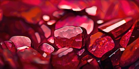 Vibrant ruby red gemstone chips and pebbles, sparkling and lustrous crystals scattered on rocky floor, shallow depth of field bokeh blur, macro closeup - generative AI.