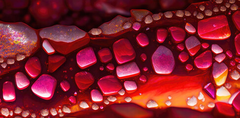 Vibrant fiery ruby red geode agate rock layers, sparkling and lustrous crystals clusters inside with striking textures and natural wavy patterns, macro closeup - generative AI.	
