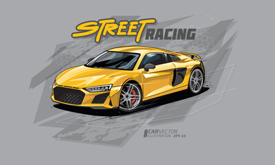 Street Racing Vector Illustration. Icon yellow sport car vector template illustration can use logo t shirt, apparel, sticker group community, poster, flyer banner modify auto show.