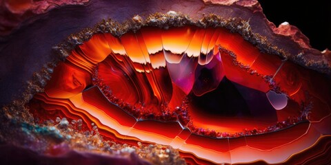 Vibrant fiery ruby red geode agate rock layers, sparkling and lustrous crystals clusters inside with striking textures and natural wavy patterns, macro closeup - generative AI.	
