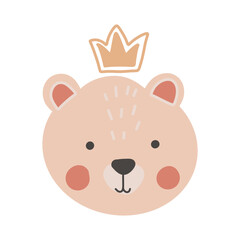 Childish cute animal face, bear head boho style. Creative kids print for fabric, poster, textile, postcard, wallpaper, baby apparel.