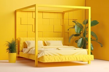 bright yellow bed frame in a sunny yellow bedroom. Generative AI