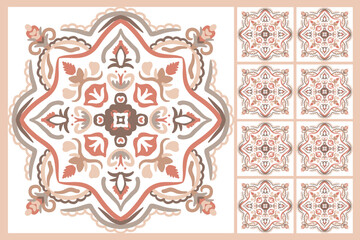 Seamless colorful patchwork from Azulejo tiles. Portuguese and Spain decor. Islam, Arabic, Indian, Ottoman motif. Vector Hand drawn background