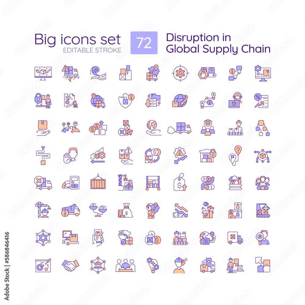 Poster disruption in global supply chain rgb color icons set. distribution industry issues. logistic servic