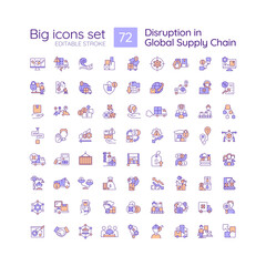 Plakat Disruption in global supply chain RGB color icons set. Distribution industry issues. Logistic service. Isolated vector illustrations. Simple filled line drawings collection. Editable stroke