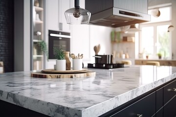 modern kitchen with sleek black cabinets and a luxurious marble counter top. Generative AI
