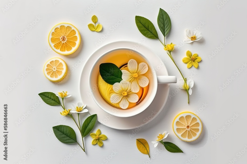 Poster top view of a cup of tea and some lemon slices resting on a white wall with flowers in the backgroun