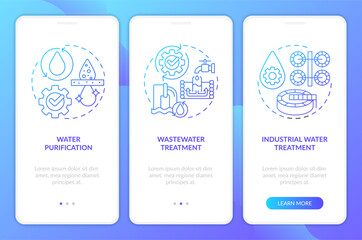 Naklejka premium Water treatment blue gradient onboarding mobile app screen. Purification walkthrough 3 steps graphic instructions with linear concepts. UI, UX, GUI template. Myriad Pro-Bold, Regular fonts used