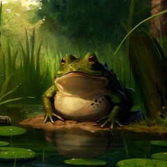 A very unpleasant toad is sitting in a swamp, created with generative ai