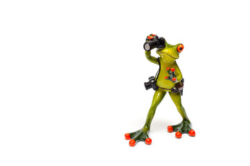 Ceramic figurine of a photographer's frog with two cameras on a white background.