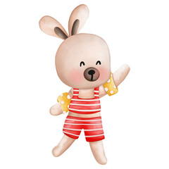 Watercolor Cute Rabbit character with swimming suit, summer character on beach, Summer illustration