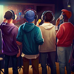 Several multinational fashionable young people are recording a song in a recording studio, standing with headphones at the microphone, view from the back, created with generative ai