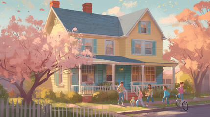 super realistic happy family in front of their pastel colored house during the first spring day created using Generative AI