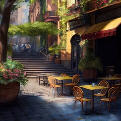 Plakat Summer terrace, outdoor city cafe, coffeehouse, created with generative ai