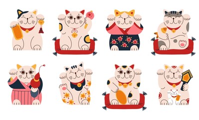 Cute maneki neko figurines. Traditional japanese lucky symbols, funny cats with raised paw, kimono, cartoon happy ceramic dolls, vector set.jpg