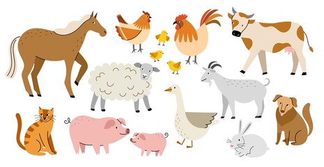 Fototapeta premium Cartoon farm animals. Cute horse, cow, dog, cat, funny domestic birds, hen, rooster and chickens, goose, pigs and sheep, country, vector set.jpg
