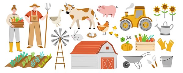 Cartoon cute farm elements. Funny farmers couple hold pitchfork and vegetables box, domestic animals and birds, village objects, vector set.jpg