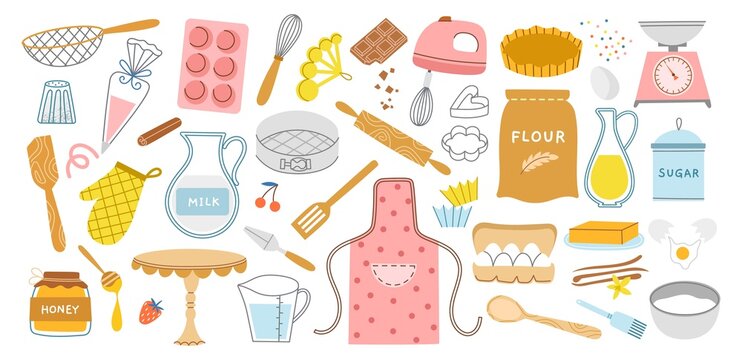 Cartoon baking elements. Pastry ingredients, tableware and accessories, flour, eggs, butter, sugar and cream, apron, rolling pin, vector set.jpg