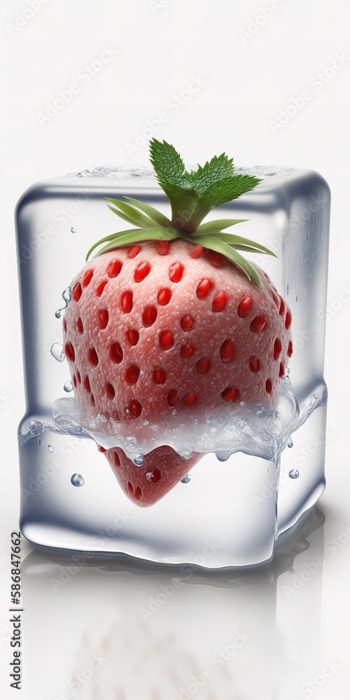 Poster ice cube with strawberry reading on a white backdrop. generative ai