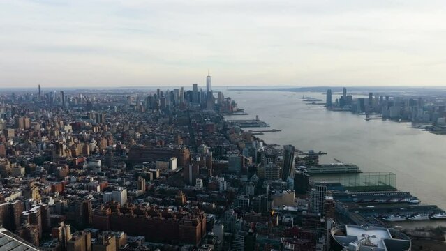Aerial view overlooking the skyline of west side, Lower Manhattan, New York, USA
