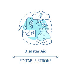 Disaster aid turquoise concept icon. Insurance for farmers. Agricultural subsidy abstract idea thin line illustration. Isolated outline drawing. Editable stroke. Arial, Myriad Pro-Bold fonts used