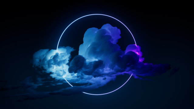 Cloud Formation Illuminated with Blue and Purple Fluorescent Light. Dark Environment with Circle shaped Neon Frame.