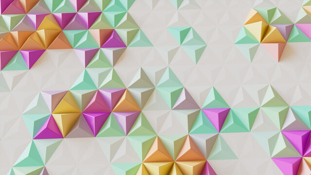 Multicolored Abstract Surface with Triangular Pyramids. High Tech, Bright 3d Banner.