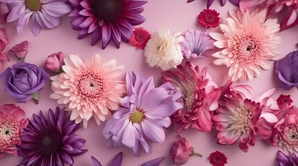 Purple background with top view pink and purple flowers composition. Generative AI.