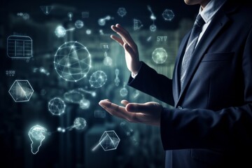 CO2 emission reduction concept, businessman with environmental technology Icons, global warming, sustainable development, renewable energy business. climate change, carbon capture, storage, reuse. AI