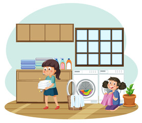 Kids doing laundry with washing machine