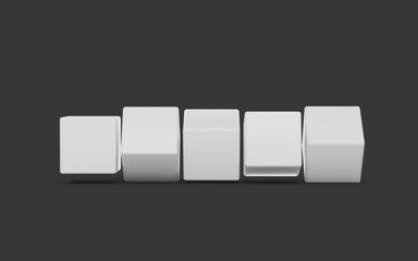 Five Empty White Cubes Isolated On Dark Background, 3d illustration