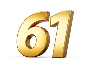 3d Shiny Gold Number 61, Sixty One 3d Gold Number Isolated On White Background, 3d illustration