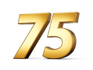 Gold number 75 Seventy Five isolated white background. shiny 3d number made of gold 3d illustration