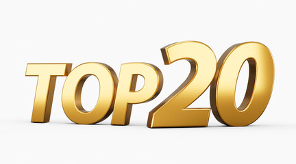 3d Golden Shiny Top 20 Text, Top Twenty 3d Text Isolated On White Background, 3d illustration