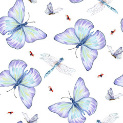 Blue butterflies, dragonflies and ladybugs watercolor seamless pattern on white.
