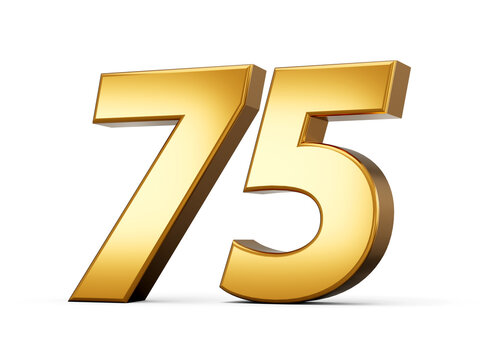Gold number 75 Seventy Five isolated white background. shiny 3d number made of gold 3d illustration