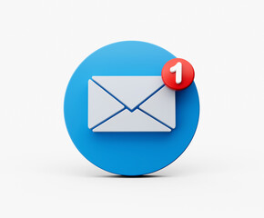 White envelope and the letter 1 on Red circle. Mail icon on a white background. 3d illustration
