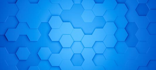 Obraz premium Hexagonal background with blue hexagons, abstract futuristic geometric backdrop or wallpaper with copy space for text